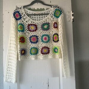 Debut XS Crochet Granny Square Sweater Boho Festival Crop Top‎